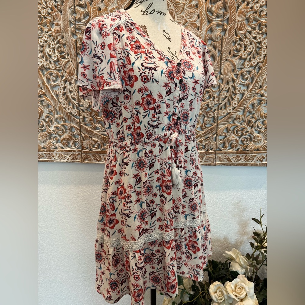 Knox Rose Pale Pink Floral Babydoll Flowy Mini Dress w/ Tie Cinch Waistband - Picture 3 of 14